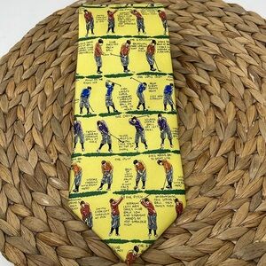 Silk Neck Tie All Over Golf Swing Instruction Yellow Print